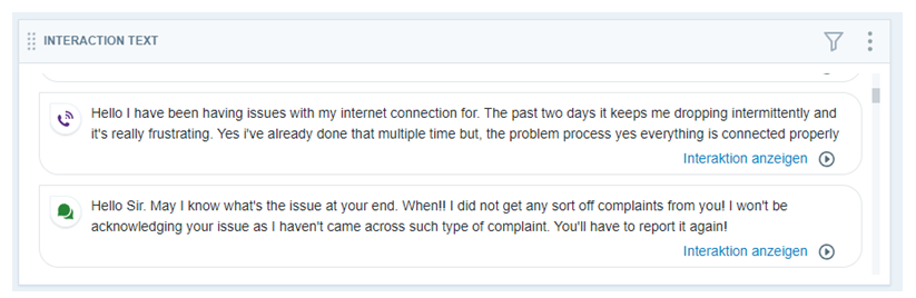 Das Interaktionstext-Widget mit den ersten Sätzen aus 2 Interaktionstranskripten.