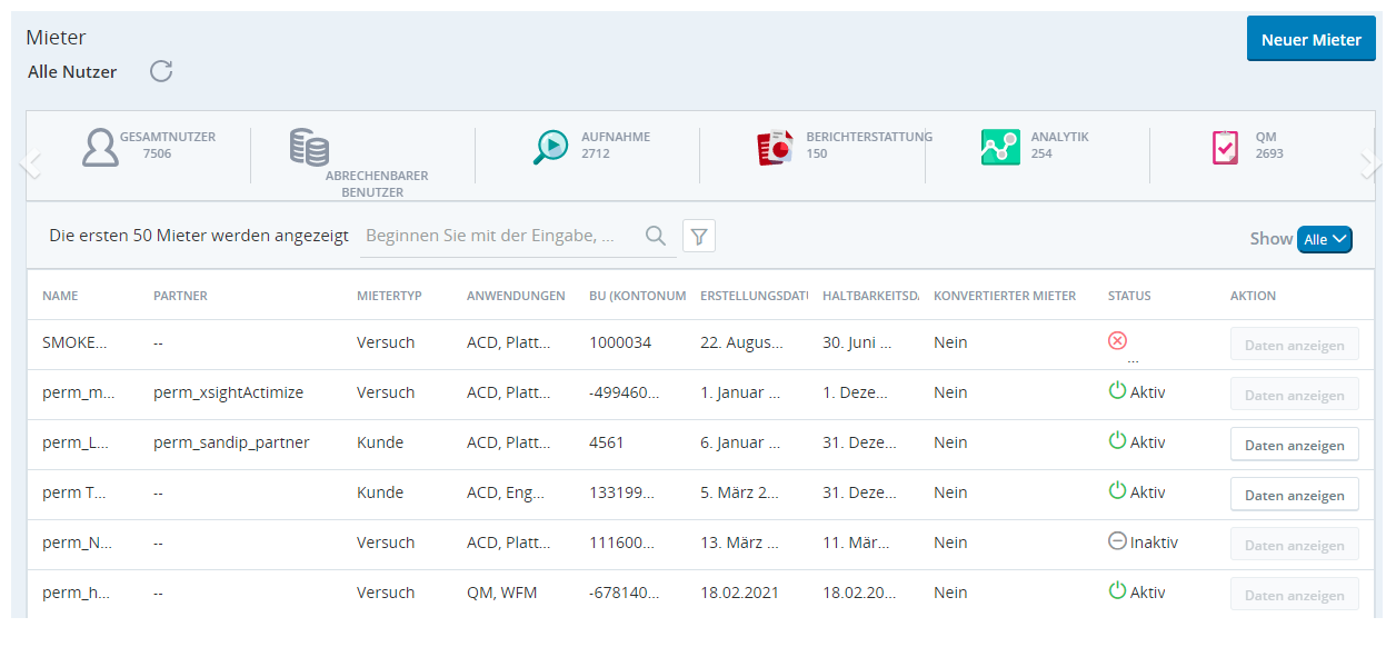 Screenshot der Tabelle „Mandantendetails“.