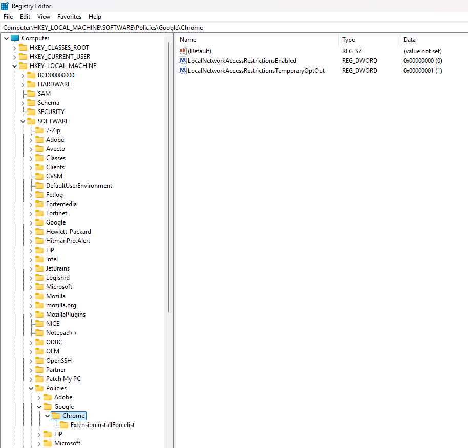 Registrierungseditor mit Anzeige der Chrome-Richtlinienschlüssel. Es werden zwei Einträge aufgelistet: einer mit dem Wert 0 und der andere mit dem Wert 1.