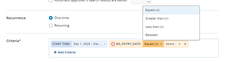 Screenshot, der Richtliniendatumskriterien mit Optionen für Wiederholungen und ein geöffnetes Drop-down-Menü für den Datumsvergleich zeigt.