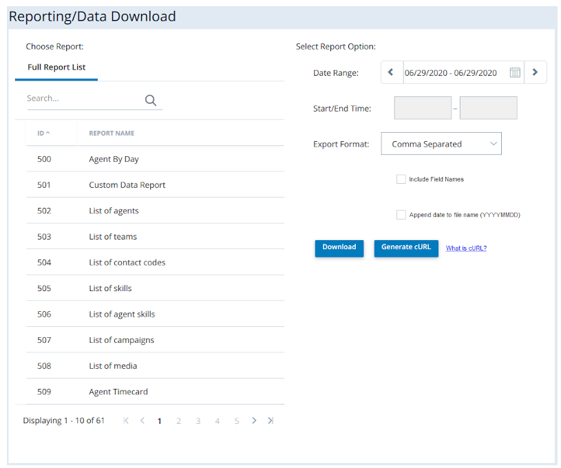 Die Seite /Data Download, auf der Sie den gewünschten Bericht auswählen und Optionen wie das Format und den Datumsbereich auswählen können.