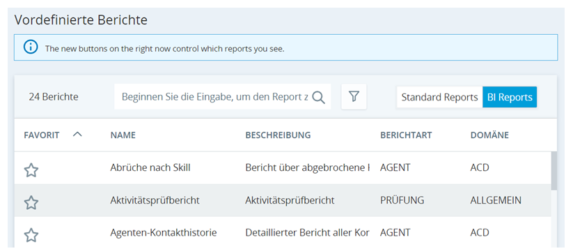 Eine Tabelle, die eine Liste vordefinierter Bericht mit den Spalten Favorit, Name, Beschreibung, Berichtart und Domäne zeigt. Neben den BI-Berichten befindet sich ein blaues Symbol "Neu".