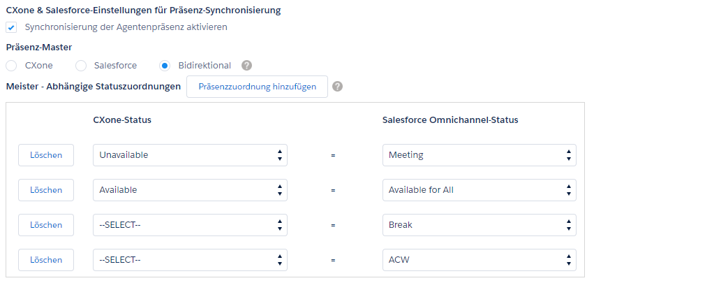 Salesforce Agent-Einstellungen mit diesen Bereichen: CXone Mpower und Salesforce Präsenz Synchronisierungseinstellungen, Präsenz-Master und Zuordnungen Master - Untergeordnetes Element