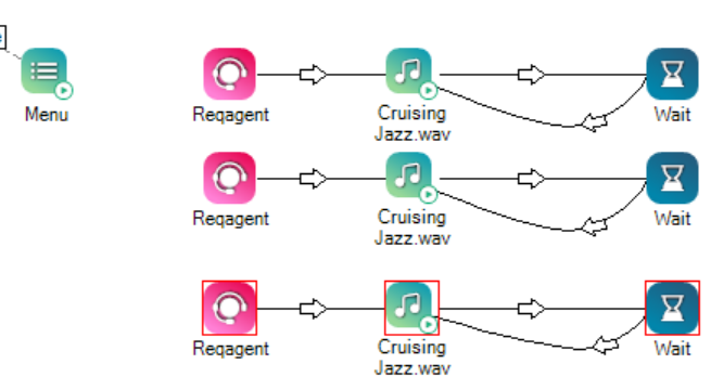 Three sets of the REQAGENT, MUSIC, and WAIT actions next to the Menu action.