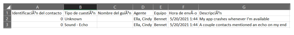 Captura de pantalla de los problemas del agente en un archivo .CSV.