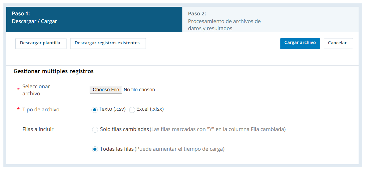 Captura de pantalla de la página de descarga / carga de registros de supresión de llamadas múltiples