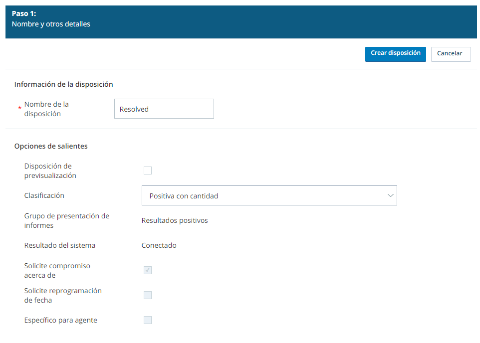 Imagen de la página de creación de disposición de CXone