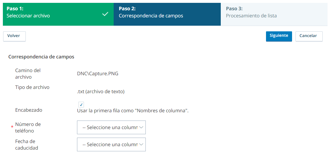 Captura de pantalla de la pestaña Asignación de campo del asistente de carga de lista DNC