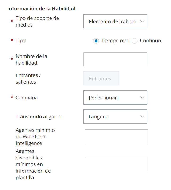 La página Información de habilidad en ACD, con campos para Tipo de medio, Nombre de la habilidad, Campaña, etc.
