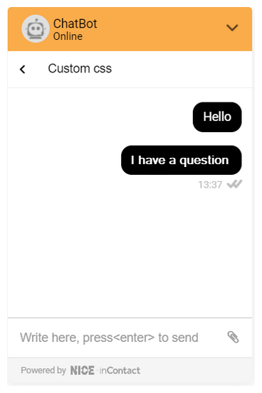 Un ejemplo de cómo el código de muestra CSS personalizado cambia la ventana de chat, mostrando que el fondo de cada mensaje es negro.