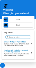 Una plantilla de Portal de clientes de ejemplo con botones para los canales de chat y correo electrónico, seguida de dos artículos de CXone Expert.