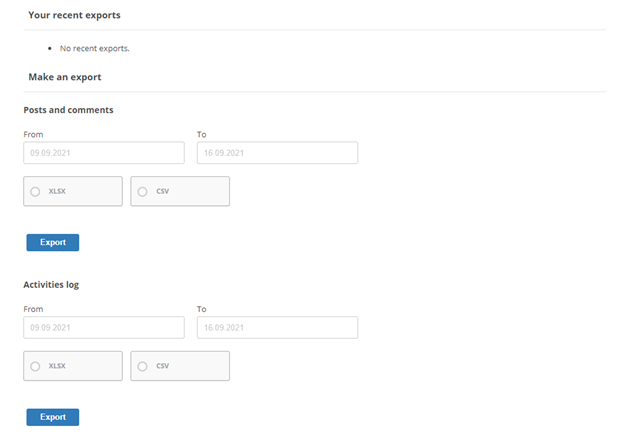 La página en el Digital Experience portal de administración donde puede exportar datos a un archivo.