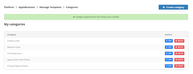 La página donde puede crear categorías para organizar sus plantillas de mensajes de Apple Business Channel.