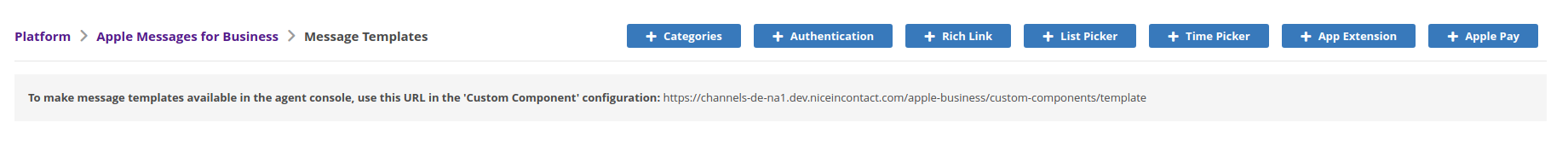 Botones para los tipos de plantillas de Apple Messages for Business, incluidas Categorías, Vínculo enriquecido, Autenticación, Selector de lista, Selector de horas, Extensión de aplicación y Aplicar pago.