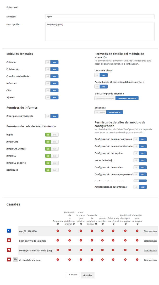La página Editar función, que muestra el permiso de Cola de enrutamiento y los permisos de Canales.