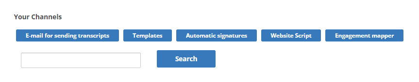 botones de correo electrónico para enviar transcripciones, plantillas, firmas automáticas, secuencias de comandos del sitio web y mapeador de participación encima de una barra de búsqueda