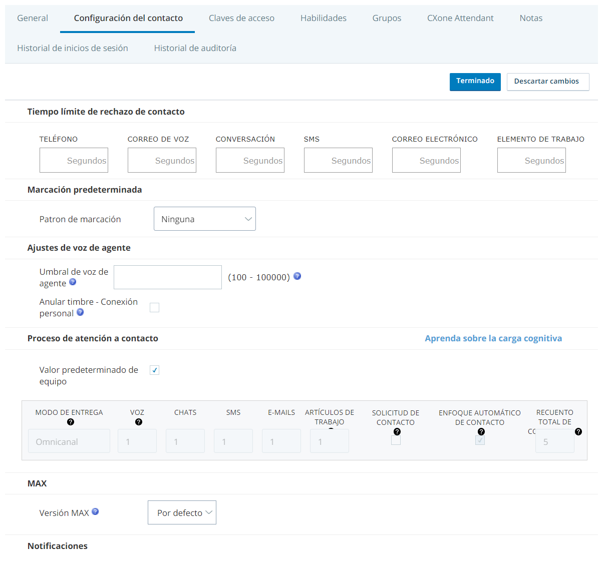 La pestaña Configuración de contacto de un usuario en un entorno donde entrega dinámica está activado.