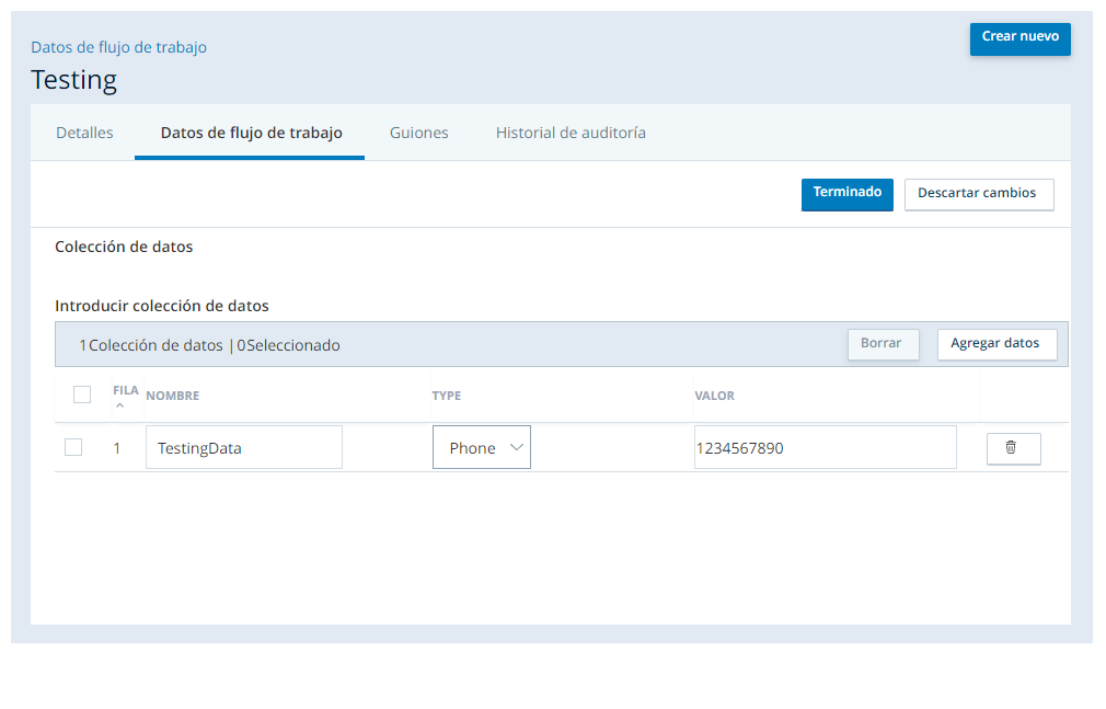 La pestaña Datos de flujo de trabajo, donde puede agregar datos a la recopilación de datos y utilizarlos en la recopilación.