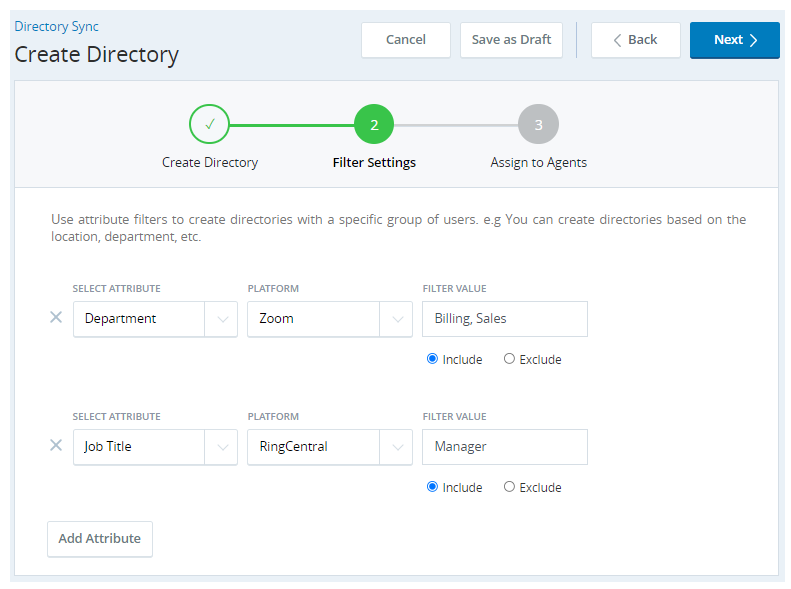 La página Configuración de filtro en los pasos Crear directorio.