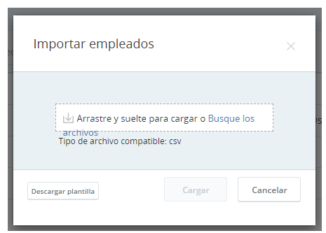 Pantalla de importación de empleados para cargar varios registros de empleados con un archivo CSV.