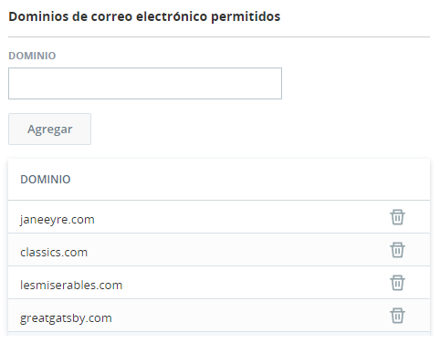 Imagen de una lista de dominios de correo electrónico permitidos, incluyendo un campo para agregar más dominios.