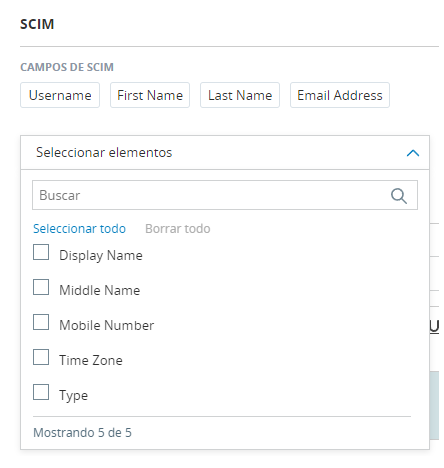 Imagen del menú desplegable de campos aprovisionados por SCIM en la página Administrar la configuración de la cuenta.