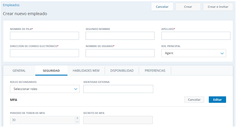 Imagen de la página Crear nuevo empleado, que muestra los campos MFA en la pestaña Seguridad.