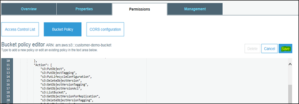 Captura de pantalla del editor de políticas de depósitos en la consola de AWS.