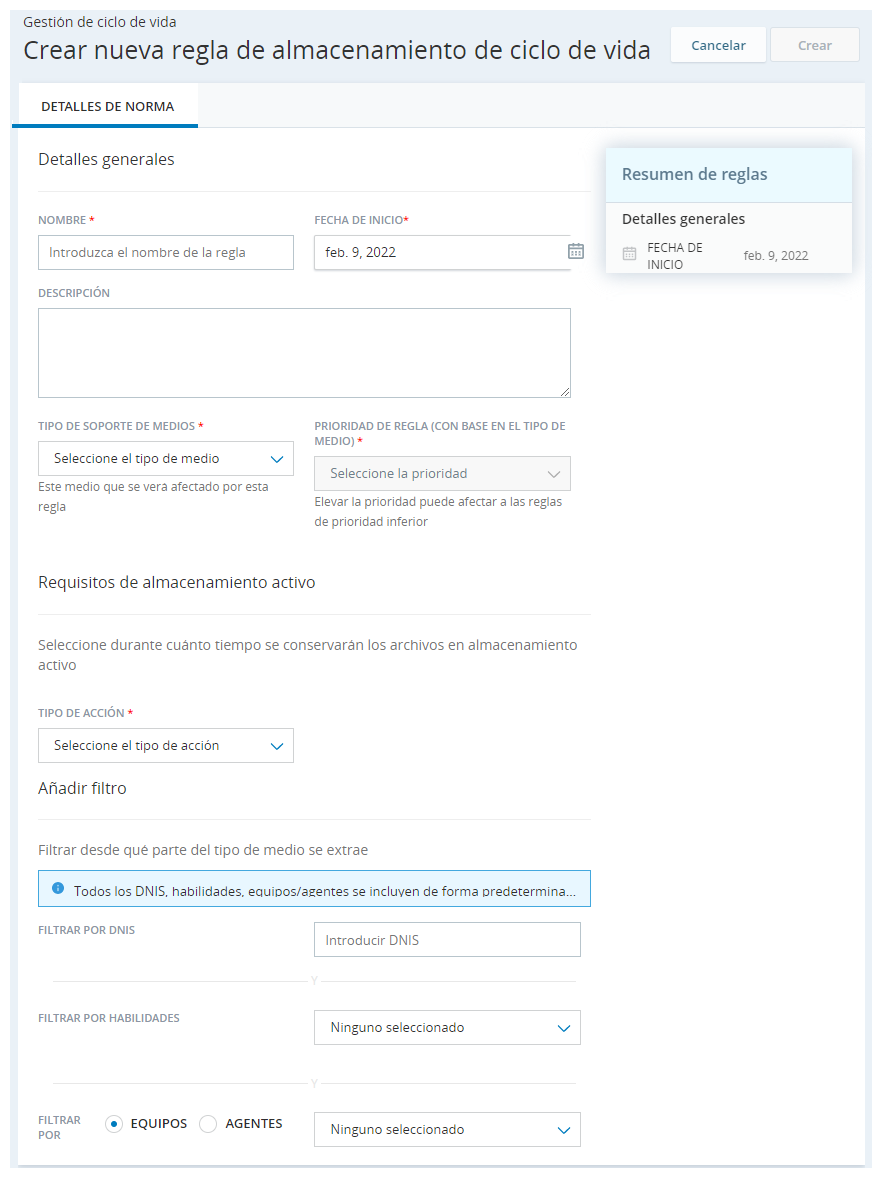 La página Crear nueva regla de Life Cycle Storage, donde puede crear una nueva regla para administrar archivos en Cloud Storage.