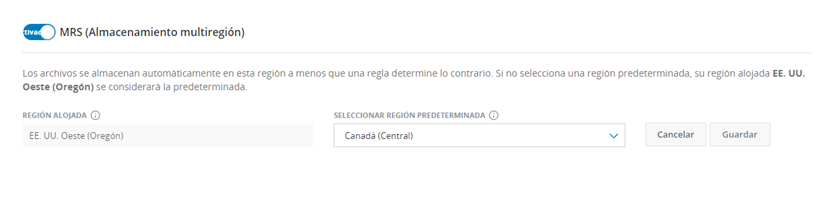 Imagen de la página de Ajustes de almacenamiento con MRS (Almacenamiento multiregión) activado