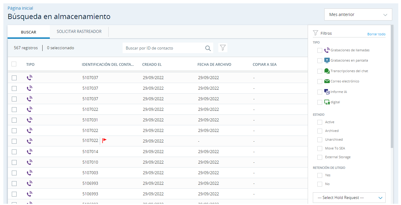 Un ejemplo de una búsqueda de archivos con un archivo retenido indicado por una bandera al lado del ID de contacto.