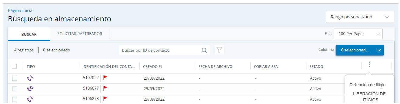 Un ejemplo de una búsqueda de archivos con un archivo retenido indicado por una bandera al lado del ID de contacto.