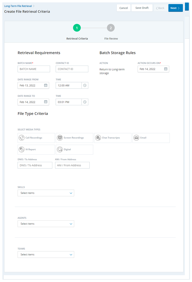 La página Crear criterios de recuperación de archivos, que muestra las opciones para filtrar una solicitud de recuperación de archivos.