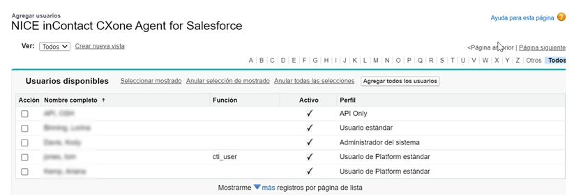 Lista de usuarios en Administrar licencias para NICE inContact CXone Mpower Salesforce Agent.