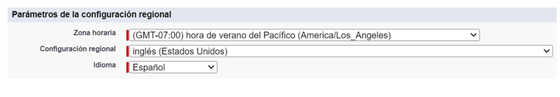 La sección Configuración regional de la página Usuarios en Salesforce.