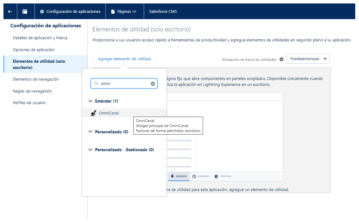 La página Elementos de utilidad en el Generador de aplicaciones Lightning. Se hace clic en el botón Agregar elemento de utilidad y el cuadro de búsqueda contiene la palabra "Omni".