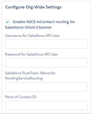 La página Configurar las opciones de toda la organización en Configuración de Agente de Salesforce. La casilla Activar enrutamiento de NICE inContact para Salesforce Omni-Channel está marcada.