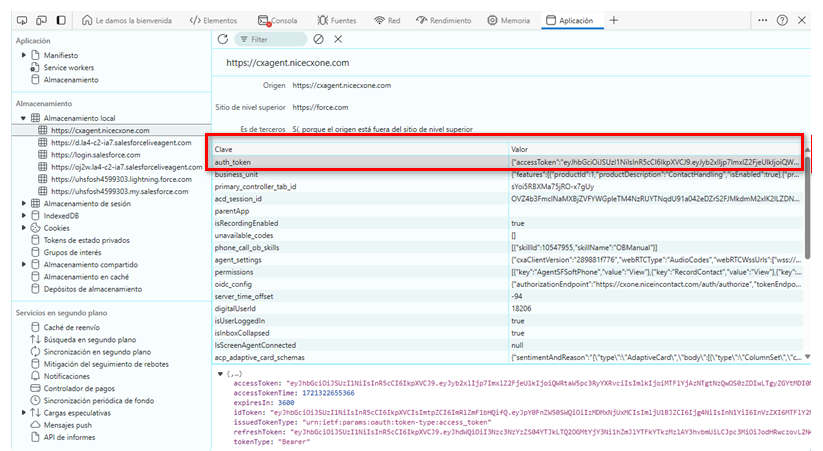 En la consola, auth_token está resaltado. Es la primera clave de la tabla.