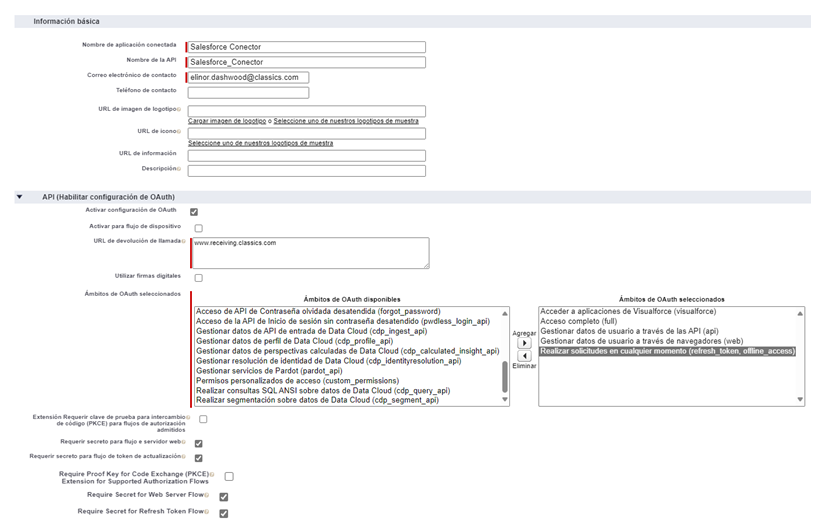 El formulario Nueva aplicación conectada, con secciones para Información básica y API (Habilitar configuración de OAuth).