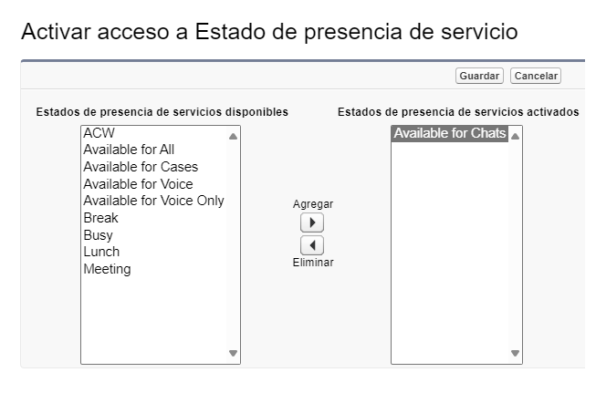 El formulario Habilitar acceso a estados de presencia de servicio. Estados disponibles a la izquierda, Estados habilitados a la derecha. Las opciones para agregar y quitar en el centro.