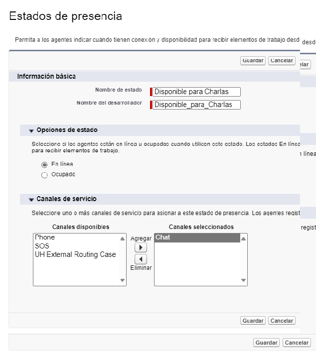 El formulario Estados de presencia, con campos para Nombre de estado, Nombre del desarrollador, y secciones para Opciones de estado y Canales de servicio.