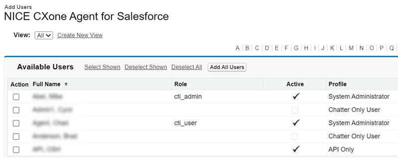 Lista de usuarios en Administrar licencias para NICE CXone Agent para Salesforce.