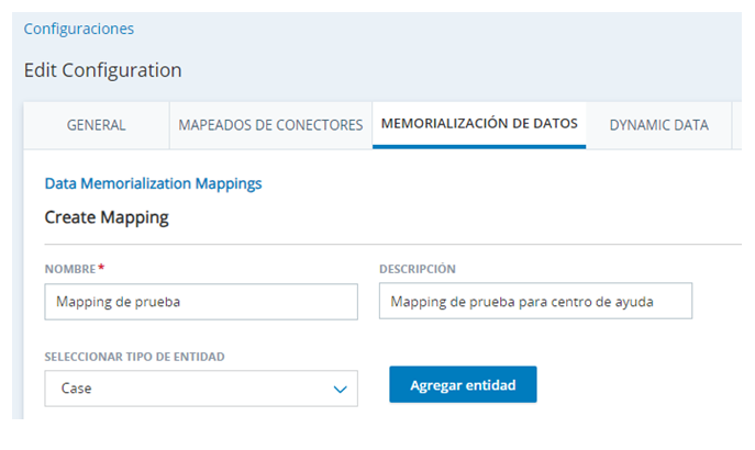 La pestaña Mapeado de datos en la página Configuraciones de CXone, con campos de Nombre, Descripción y Seleccionar tipo de entidad, además de un botón Agregar entidad +.