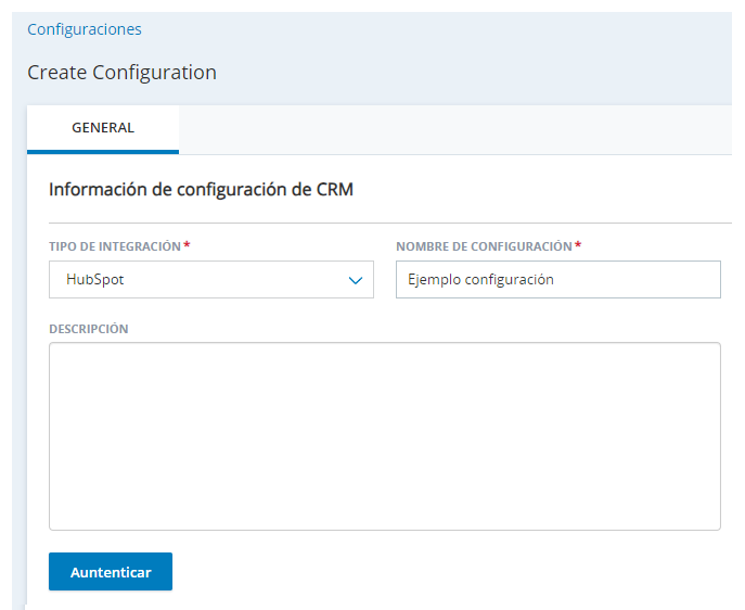 La página Crear nueva integración en la página Integraciones de agente, con campos para Tipo de Integración, Nombre de configuración y Descripción.