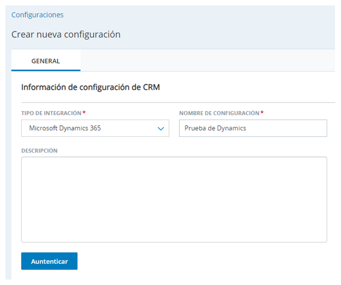 La página Crear nueva integración en la página Integraciones de agente, con campos para Tipo de Integración, Nombre de configuración y Descripción.