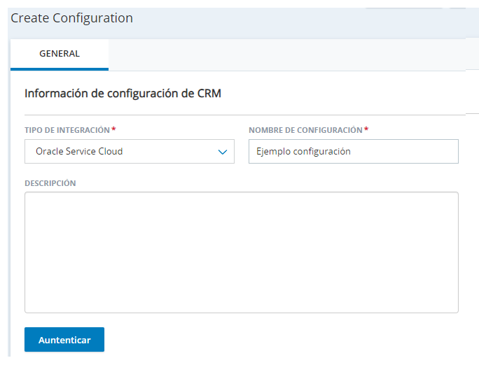 La página Crear configuración en la página Integraciones de agente, con campos para Tipo de Integración, Nombre de configuración y Descripción.