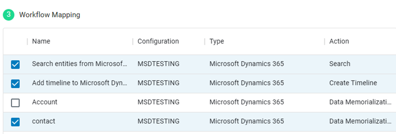 En la sección Mapeado de flujo de trabajo, se seleccionan entidades Buscar entidades de Microsoft Dynamics y Memorización de datos.