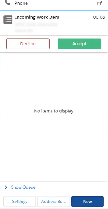 La ventana emergente Elemento de trabajo entrante en Salesforce Agent Lightning, con los botones Rechazar y Aceptar.