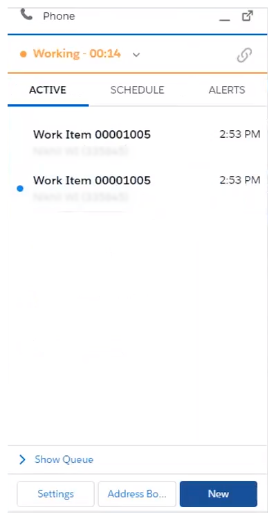La pestaña Activo en Salesforce Agent Lightning, con una lista de dos elementos de trabajo.