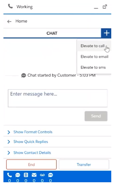 Un chat Activo en Salesforce Agent Lightning. Se selecciona el icono Elevar (un signo más) y aparecen las opciones Elevar a llamada, correo electrónico y SMS.